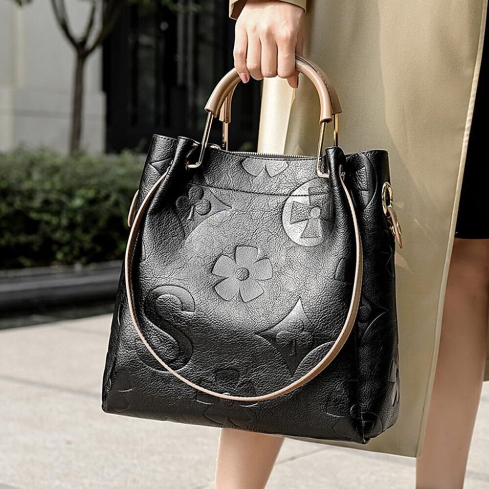 Women’s Faux Leather Bucket Bag Floral Embossed Tote Multiple Ways - Picture 2 of 9